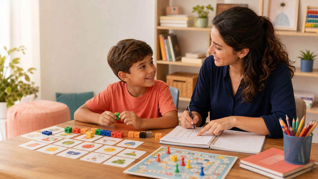 Professora conduz aula particular infantil com jogos pedagógicos e planejamento